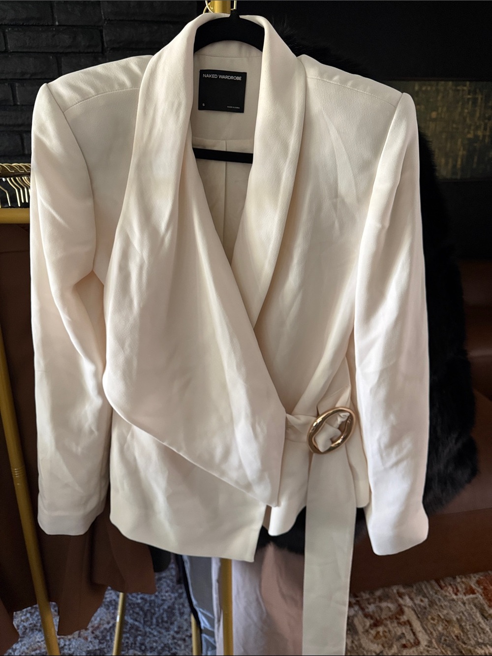 naked wardrobe Cream Draped Wrap Blazer with Gold Ring